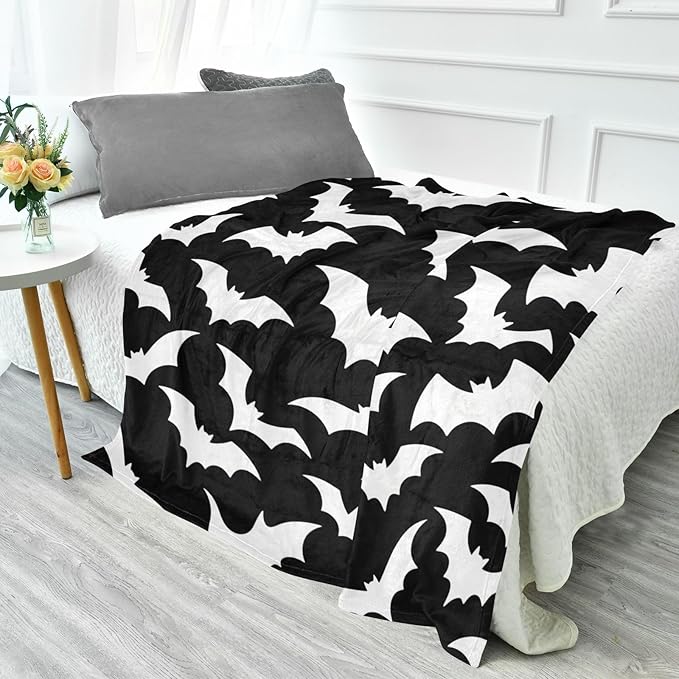 Large Cozy Blanket Halloween Bat Black and White Blankets For Teen Girls 50 x 70 Inch