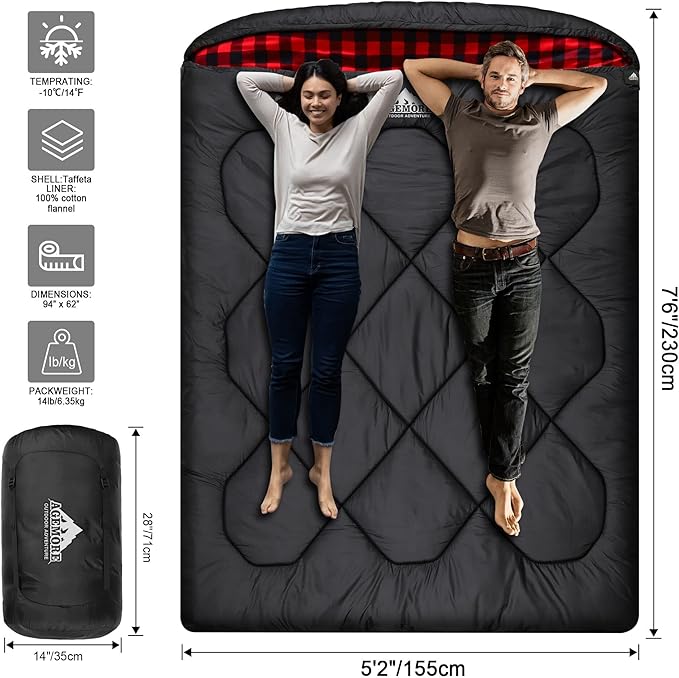 AGEMORE 0 Degree Double Sleeping Bag for Adults Cotton Flannel Lined 2 Person Queen Size Warm Sleeping Bag for Family Winter Camping or RV Traveling