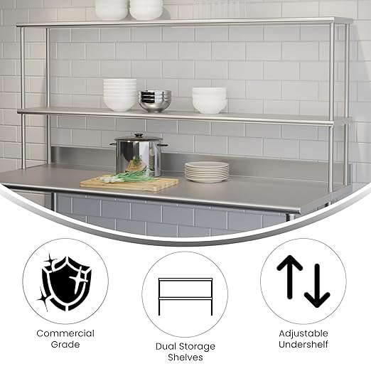 Flash Furniture Reese Commercial Metal Double Kitchen Overshelf Two-Tier Adjustable Shelf 430 Stainless Steel 18 Gauge NSF Certified 72 x 12