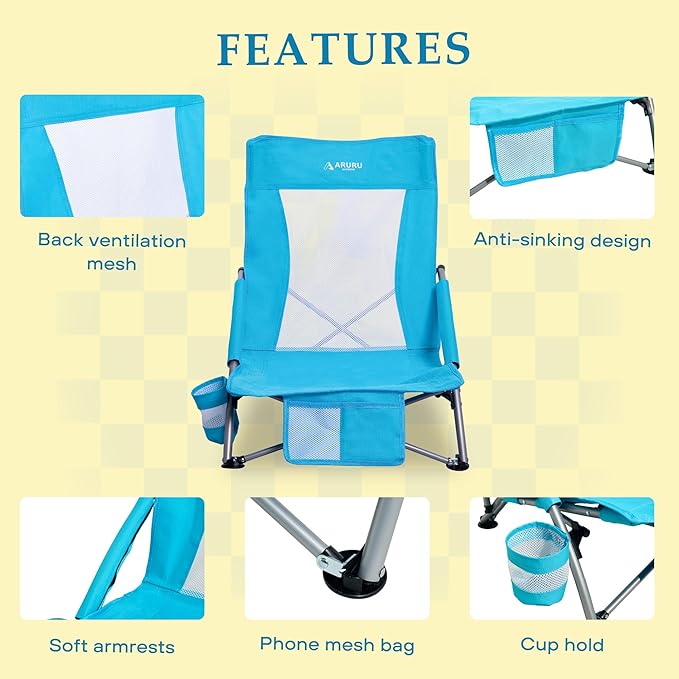 Low Folding Beach Chairs for Adults Portable Lightweight Sling Beach Camping Chair with Cup HolderArmrestFoldable Camp Lawn Chair for Outdoor Sand Concert Travel Sport Events