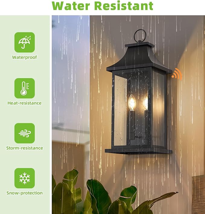 tewei 2-Pack Dusk to Dawn Outdoor Wall Lights 22'' Porch Light Outdoor Wall Sconce Lantern 2-Light Black Exterior Lighting Fixture Wall Mount Outside Light for House Garage