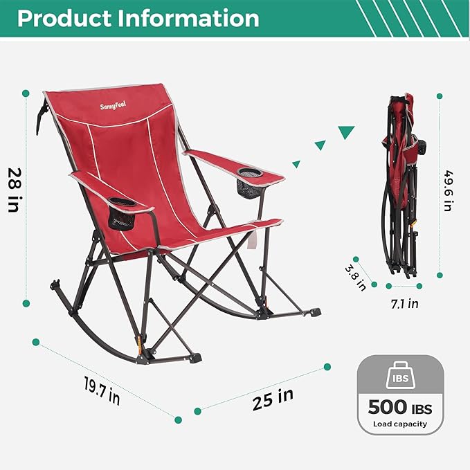 SUNNYFEEL Oversized Folding Rocking Camping Chair with Buckle Design 2 Pcak Outdoor Rocker High Back Lawn Camp Rocker Chair with Cup Holder 500 LBS for Outdoor/Camping/Lounge/Patio with Carry Bag