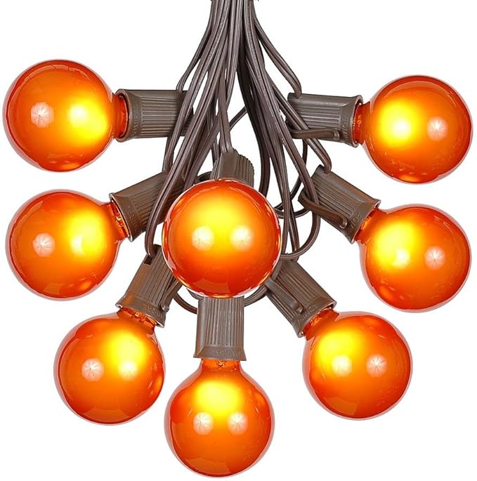 G50 Patio String Lights with 25 Orange Globe Bulbs – Outdoor String Lights – Market Bistro Café Hanging String Lights – Patio Garden Umbrella Globe Lights - Brown Wire - 25 Feet