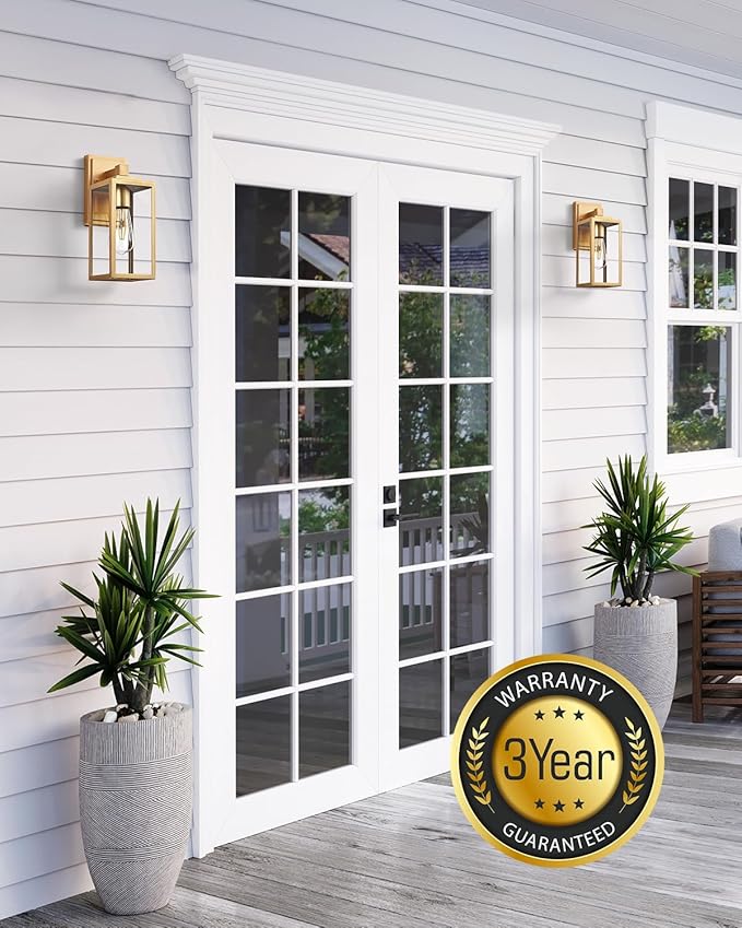 VIANIS Gold Outdoor Wall Lights 2 Pack Waterproof Outdoor Porch Lights Anti-Rust Porch Lights Outdoor Outdoor Light Fixture for House Garage Doorway Garden Tempered Glass E26 Socket