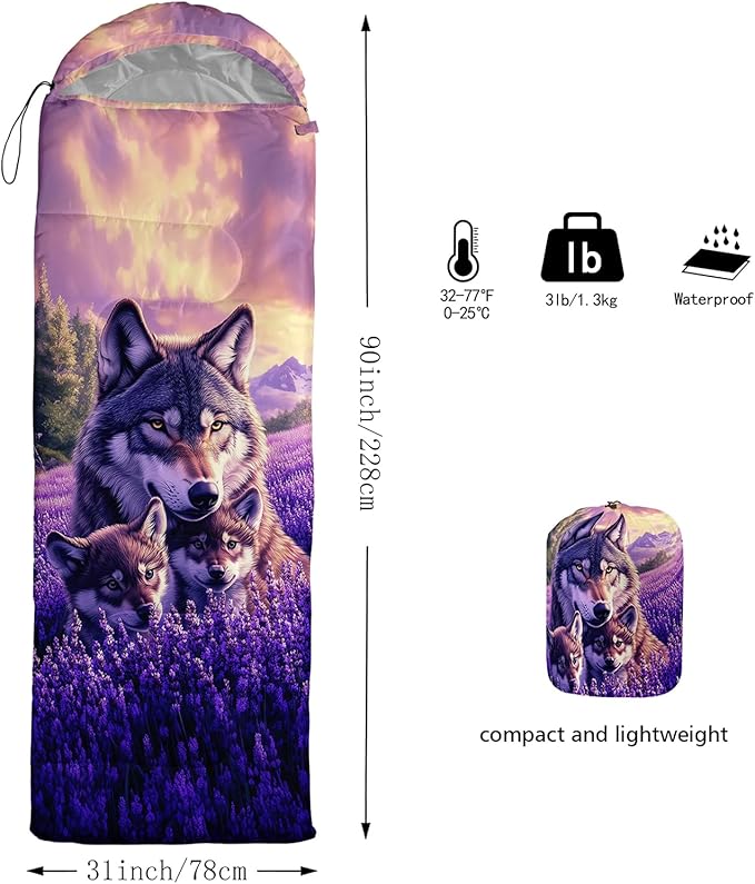AILONEN Floral Wolf Sleeping Bag for Girls WomenWarm and Cool WeatherLightweightWaterproof BackpackingColorful Flower Animal Print Sleeping Bag for Camping