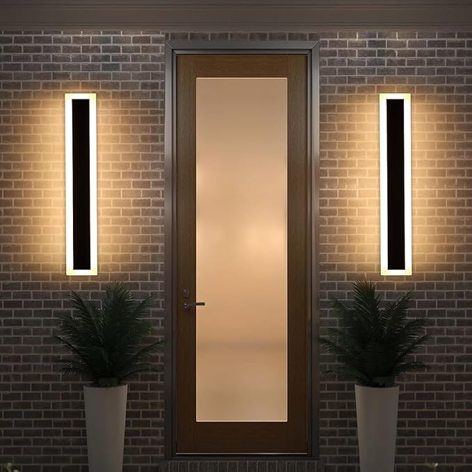 Upgrade Widened 2 Pack Modern LED Wall Sconce 23.6inch Outdoor Wall Lights 3000K Warm White 24W IP65 Waterproof Black Long Linear Wall Mount Lighting Outside Exterior Light for Garage Patio