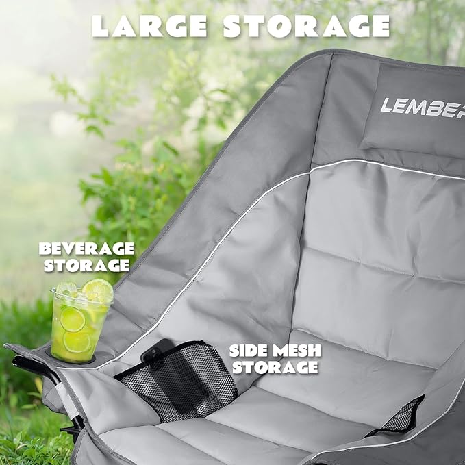 LEMBERI Oversized Heavy Duty Camping Chair for Adults500lbs Comfortable Folding Lawn Chairs Large Outdoor Portable Chair with Cup Holder Side Pocket and Cooler Bag Gray