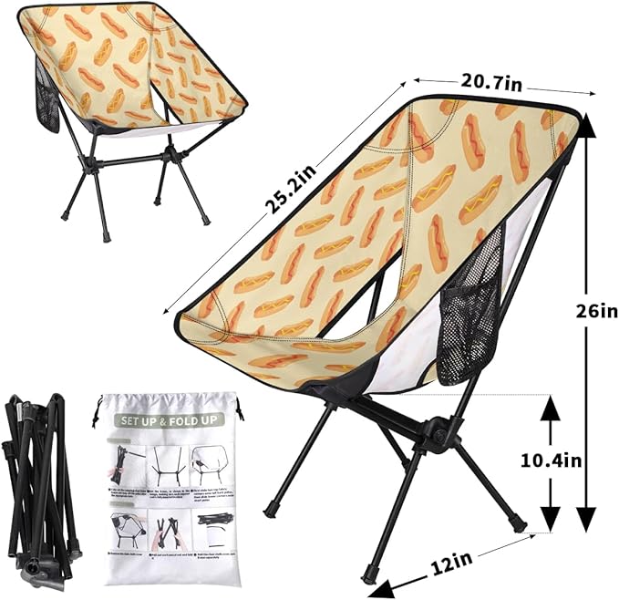 Cheese Hot Dog Camping Chairs for Adults Ultralight Folding Chairs Outside Portable Camp Backpacking Chair with Side Pocket Storage Bag Compact Beach Chairs for Hiking Fishing