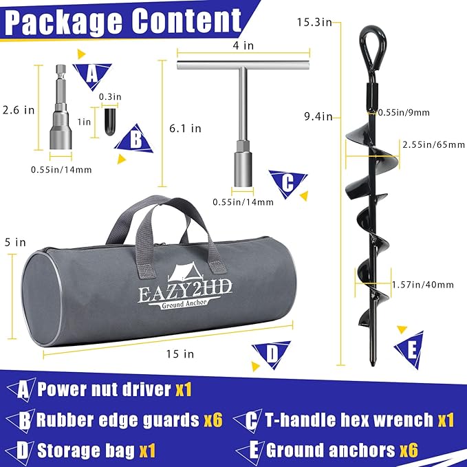 Eazy2hD 6 Pack Tent Stakes Heavy Duty 15 Inch Ground Anchors Screw in Metal High Winds Trampoline Stake with Nut and Tool Spiral Anchor Kit for Camping Swing Set Mobile Home Car Ports