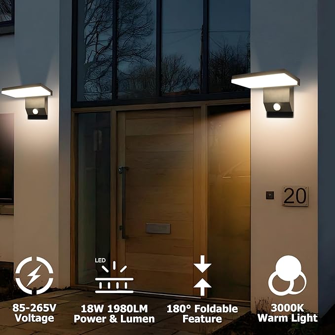 Motion Sensor Outdoor Light 18W 1980LM Black Motion Outdoor Wall Lights IP65 Waterproof Sconce Lighting LED Porch Lights 3000K Foldable Patio Wall Light Fixture for House Garage Square