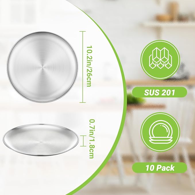 Metal Dinner Plate 10 Pack 10.2 inch Large 201 Stainless Steel Plates Reusable Lunch Salad Pizza Food Serving Snack Eating Dishes Round Brushed Finish Silver Sturdy Dish Oven Dishwasher Safe