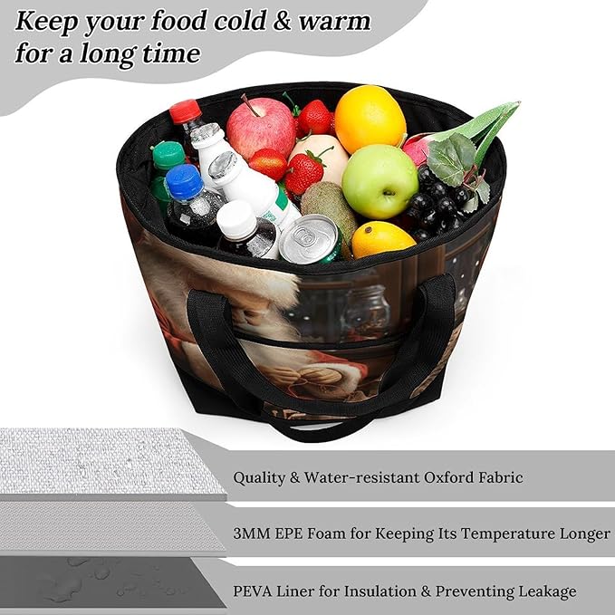 Insulated Shopping BagLarge Reusable Cooler Bags Christmas Santa Claus Sewing Tree Cat Printed Foldable Shopping BagTravel Waterproof Shoulder Bag