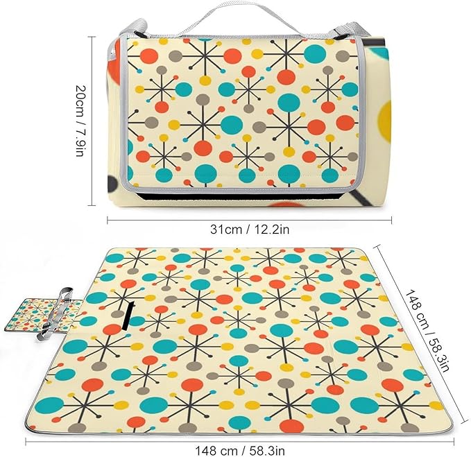 Modern Mid Century Seamless Abstract Pattern Waterproof Outdoor Picnic Blanket Sandproof Beach Mat for Camping Hiking Grass Travelling