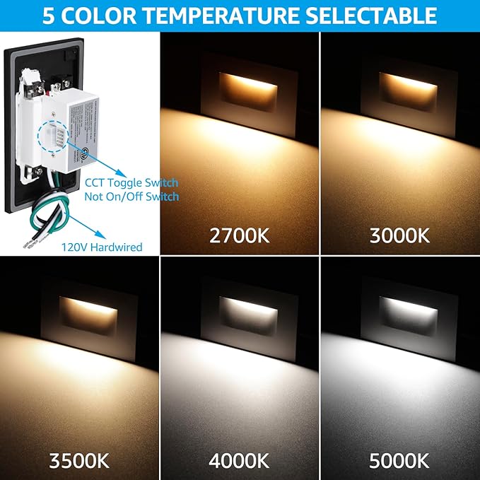 LEONLITE Black 5CCT 120V LED Step Lights 3.5W 150LM 5%-100% Dimmable Horizontal Stair Lights Indoor Outdoor Wet Location CRI90+ &amp ETL 2700K/3000K/3500K/4000K/5000K Aluminum Pack of 3