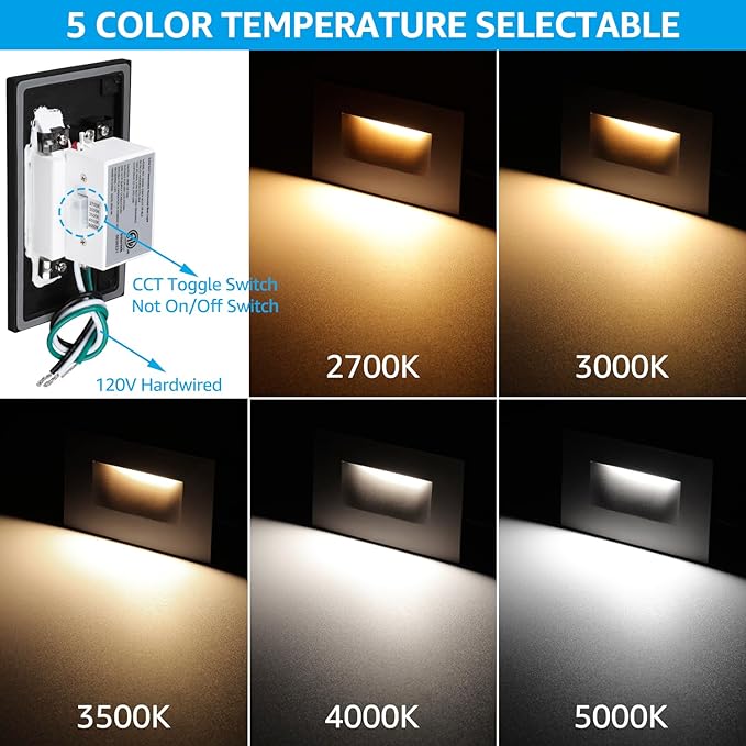 LEONLITE 12-Pack Black 5CCT 120V LED Step Lights 150LM 5%-100% Dimmable Stair Lights Indoor Outdoor Wet Location CRI90+ &amp ETL 2700K/3000K/3500K/4000K/5000K Aluminum Staircase Lights