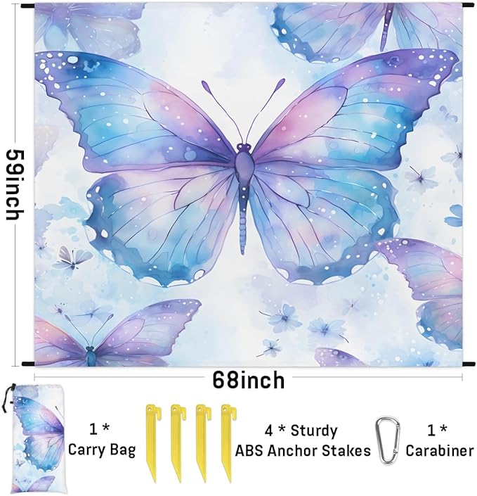 Waterproof Sandproof Beach Blanket 59''×68'' Butterfly Polyester Outdoor Picnic Blanket with 4 Stakes &amp Storage Bag for BeachCampingVacation Ice-Blue