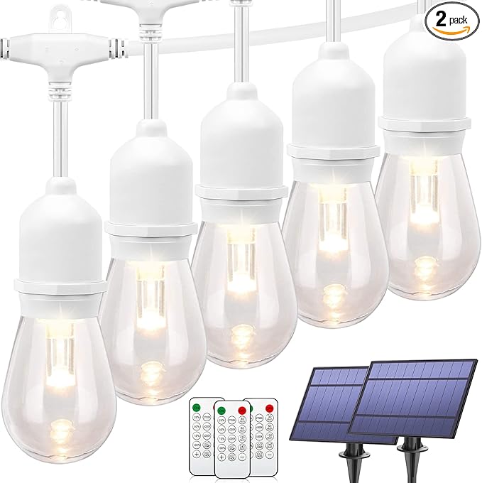 Mlambert 96FT(2x48FT) 3-Color in 1 Dimmable Solar String Lights Outdoor Remote Patio String Lights with 30+5 LED Bulbs for Pergola Outside-White Cord