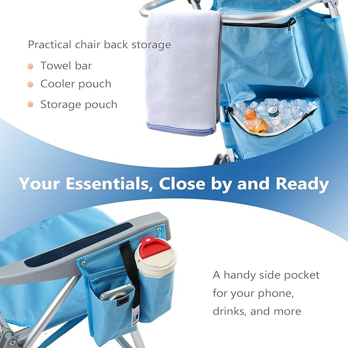PASAMIC Backpack Beach Chairs for Adults 2 Pack Portable Lay Flat Reclining Beach Chairs with 5 Positions Tall Heavy Duty Folding Chair with Cup Holder Cooler Pouch Towel Bar Blue
