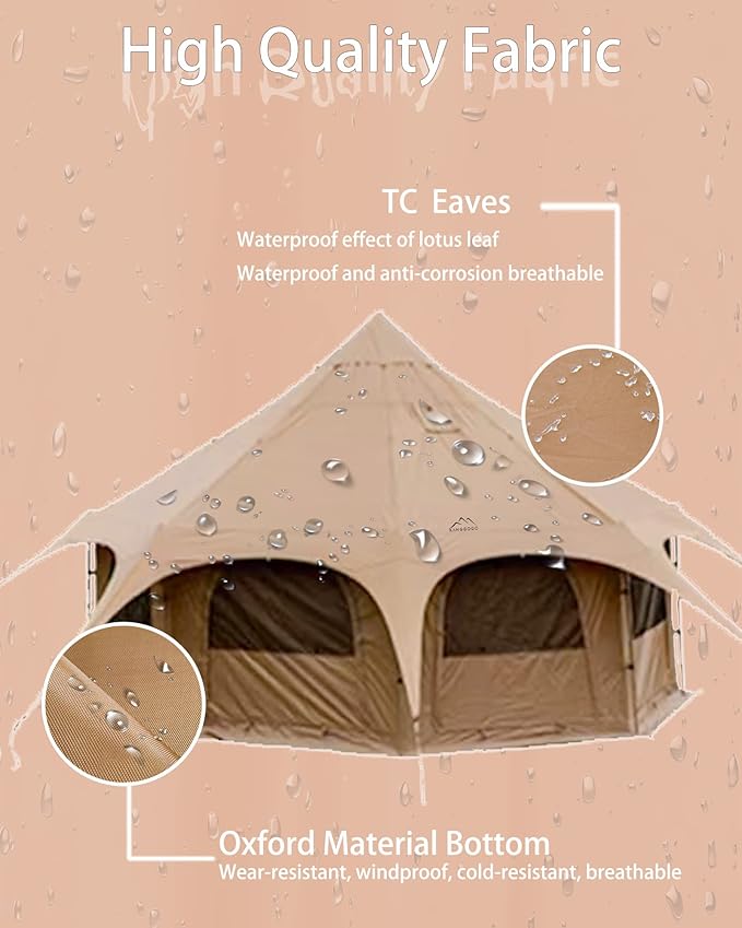 Cotton Canvas Tent Bell - Yurts Breathable and WindproofGlamping for 6/8/10Person Family Camping