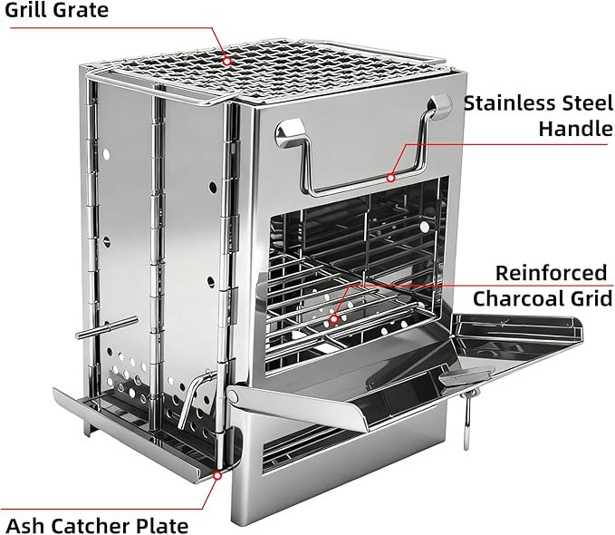 Wood Burning Camp Stove Folding Stainless Steel Barbecue Stove Portable Small Backpacking Grill for Outdoor Camping Cooking Picnic BBQ 15 x 15 x 20 cm
