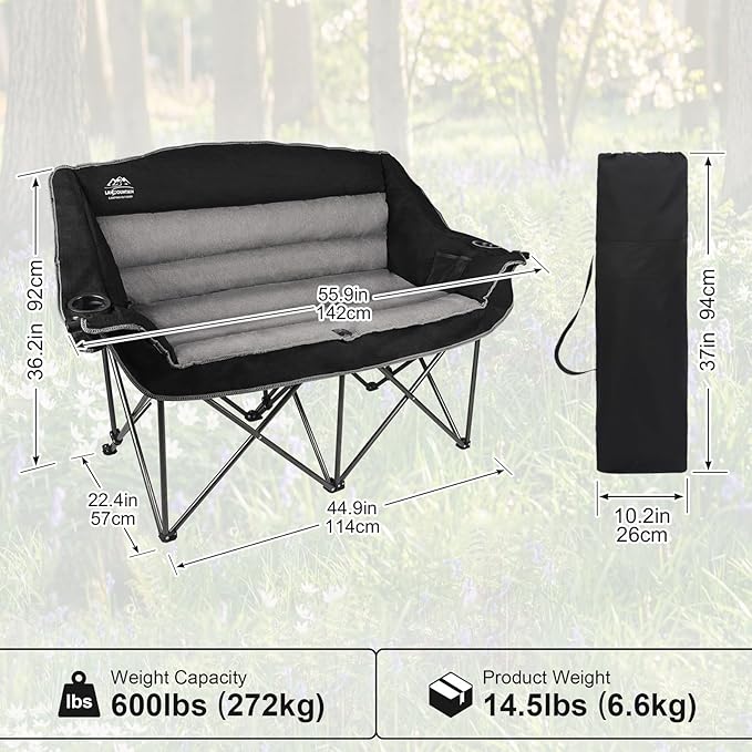 Fully Padded Folding Double Camping ChairsComfy Oversized Loveseat Lawn Chair w/Wine Glass HolderCup HolderHeavy Duty Outdoor Portable Camp Couch Support 600 LbsBlack
