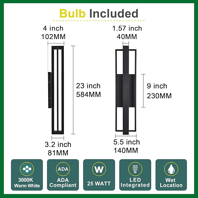 2 Pack 23-inch Modern Large Outdoor Waterproof LED Wall Light Aluminum Linear Design Rustproof &amp Corrosion-resistant IP65 25W 3000K Exterior Lights for Entrance Hallway Garage Porch