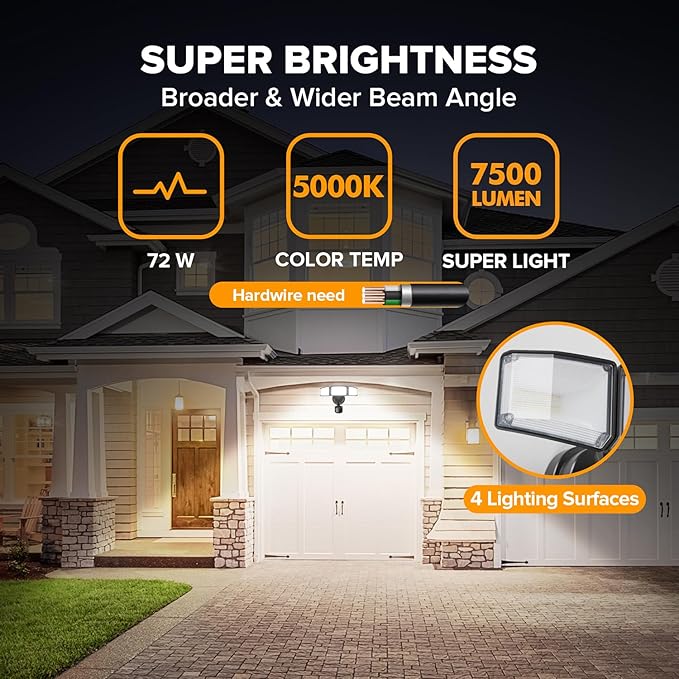 LUTEC 2 Pack 72W 7500LM LED Security Lights Motion Sensor Light Outdoor 5000K Daylight IP65 Waterproof Dusk to Dawn 3-Head Motion Detected Flood Light for Garage Yard Porch(Black)
