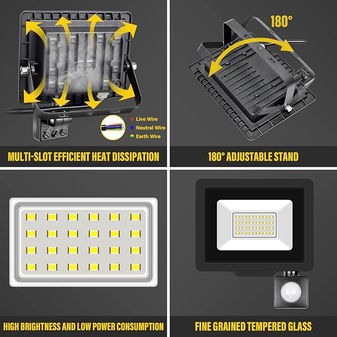 20W Motion Sensor Flood Light Outdoor 2000 LM Outdoor LED Spotlight IP66 Waterproof 6000K Daylight Security Lights for Garden Garage Yard Sports Ground （2 Pack） 110V
