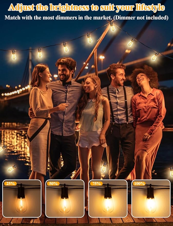 Brightever 150FT Outdoor String Lights Patio Lights with 45+2 S14 Shatterproof E12 Base LED Bulbs Outside Hanging Decorative Lights Waterproof for Porch Balcony Backyard Bistro 2700K Dimmable