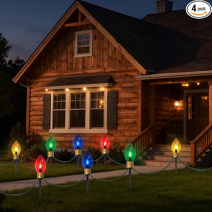 Jumbo Christmas Pathway Lights Outdoor 7FT 4Pcs Multicolor LED Connectable Plug in Walkway Lights for Driveway Yard Fence Decor Green Wire Waterproof &amp UL Listed