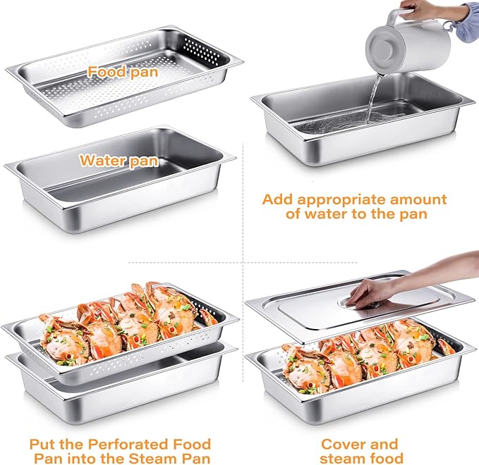 Ferraycle 3 Pack Full Size 2.6 Inch 4 Inch Hotel Pan with Lid Perforated Steam Table Pan Restaurant Supplies for Kitchen Steam Table Tray for Food Warmer