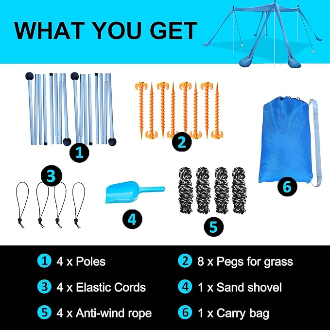 Beach Canopy Tent Sun Shade with 6 Sandbags Beach Tent Sun Shelter UPF 50+ UV Protection Poles and Ground Pegs and Anti-Wind Ropes for Outdoor Camping Backyard and Picnics