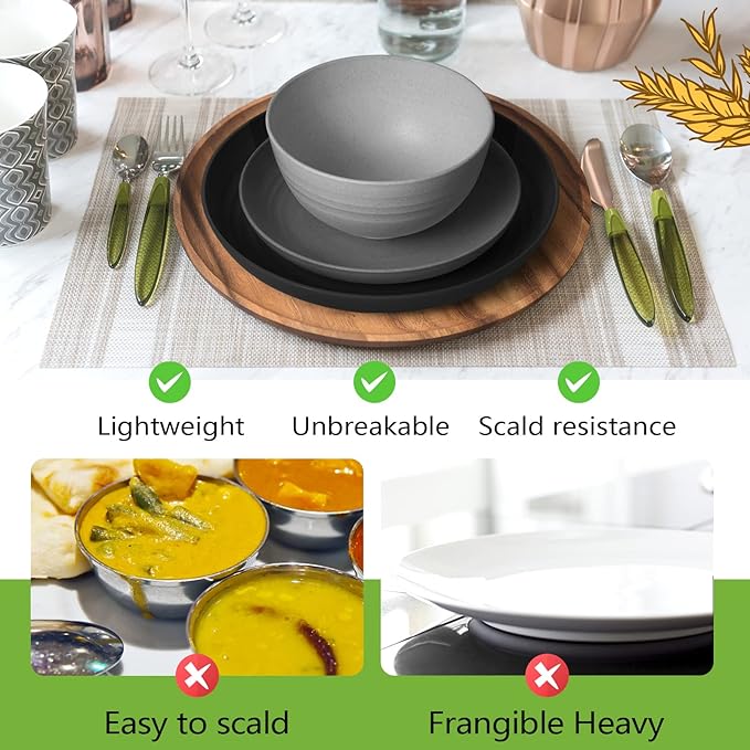 Teivio 32-Piece Kitchen Plastic Wheat Straw Dinnerware Set Service for 8 Dinner Plates Dessert Plate Cereal Bowls Cups Unbreakable Colorful Plastic Outdoor Camping Dishes Gray Ombre