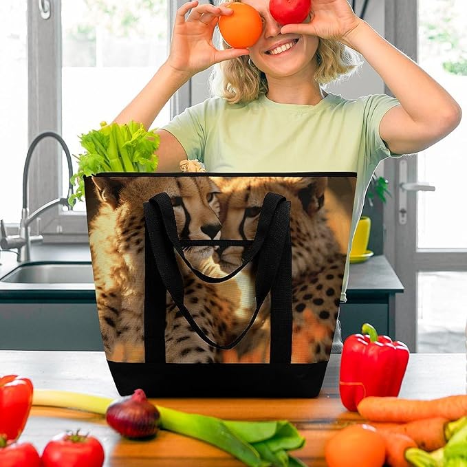 Insulated Shopping BagLarge Reusable Cooler Bags Cheetah Love Printed Foldable Shopping BagTravel Waterproof Shoulder Bag
