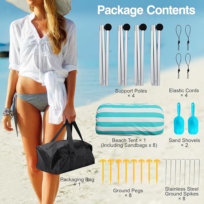 Rhino Valley Beach Tent Shade Canopy UPF50+ Protection 8 Sandbags 4 Stability Poles Outdoor Sun Shelter Umbrella for Sand Camping Fishing Essentials