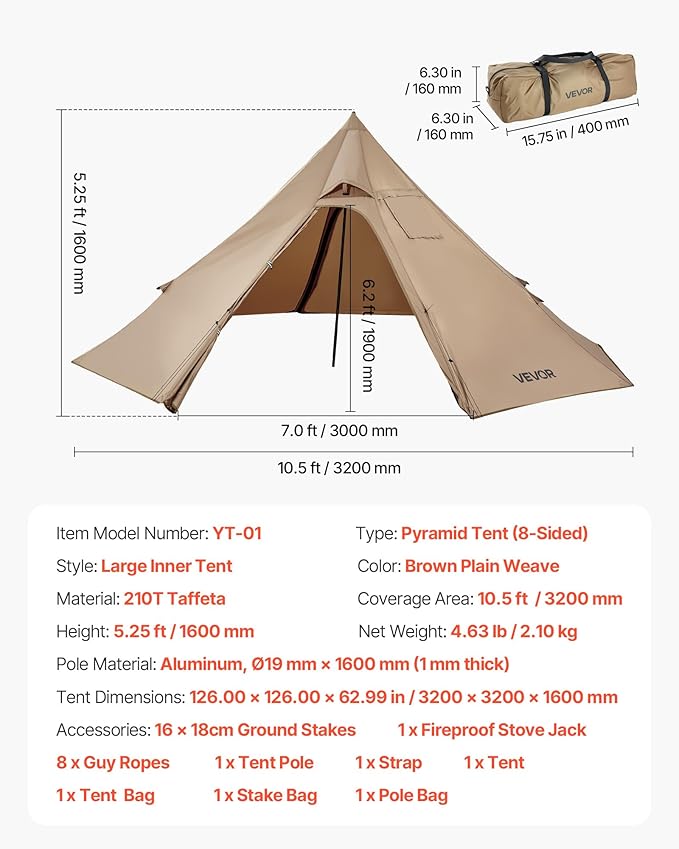 VEVOR Hot Tent Camping Tipi Hot Tents with Stove Jack Portable Winter Camping Tents with Snow Skirt Easy Setup Waterproof 4 Season Shelter Tents for Fishing Backpacking