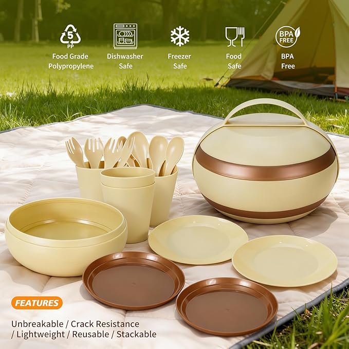 Camping Dishes Picnic Set Camping Plates Cups and Bowls Set with Spoons and Forks BPA Free 17PCS Camping Mess Kit Plastic Reusable Cutlery Set for 4 Portable Small Size Not Microwave Safe