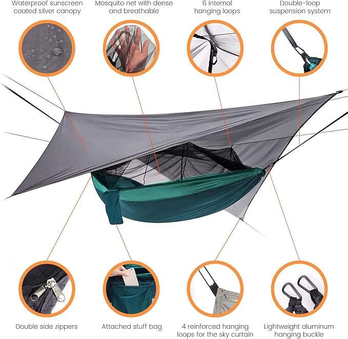 Camping Hammock with Mosquito Net &amp Rain Fly Tent Tarp &amp Tree Straps Portable Strong Nylon Hammock Parachute Tent w/Storage Bag for Camping Hiking Backyard Outdoor Backpacking Travel
