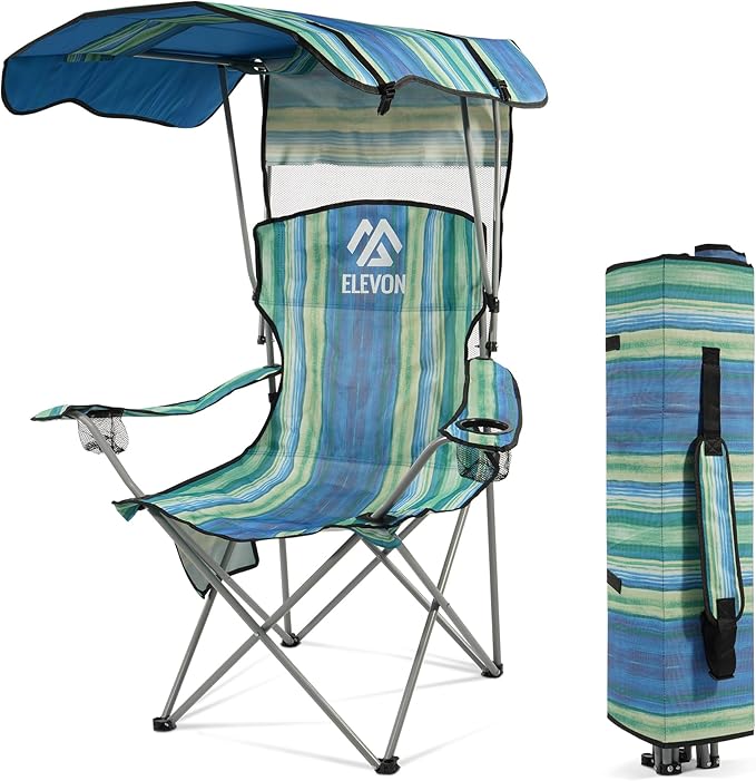 Elevon Camping Chair Oversized Folding Chair with Canopy Portable Outdoor Chair with Arms Cup Holder and Carry Bag for Camping Fishing Beach and Sports Turquoise