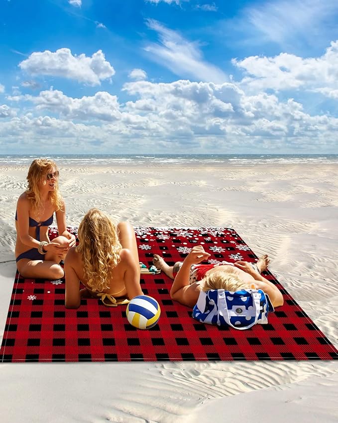 Beach Blanket Waterproof Sandproof Christmas White Snowflake Quick Drying Beach Mat with 4 Stakes Red Black Buffalo Checkered Lightweight Picnic Blanket for Travel Camping Outdoor 108x84