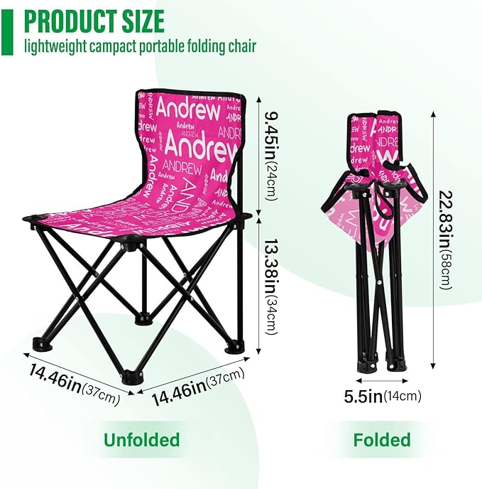 Sinestour Deep Pink Custom Folding Camping Chair for Teen Child Personalized Name 14.6×14.6in Portable Outdoor Chair with Carry Bag for Barbeques Picnic Travel