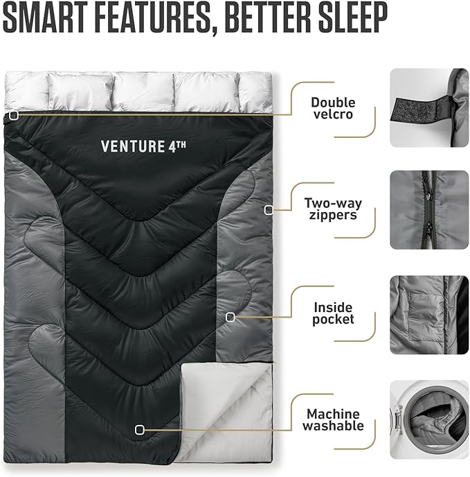 VENTURE 4TH Backpacking Sleeping Bag – XXL Double and Single Sizes - Lightweight Warm &amp Cold Weather Sleeping Bags for Adults Kids &amp Couples – Ideal for Hiking Camping &amp Outdoor Adventu