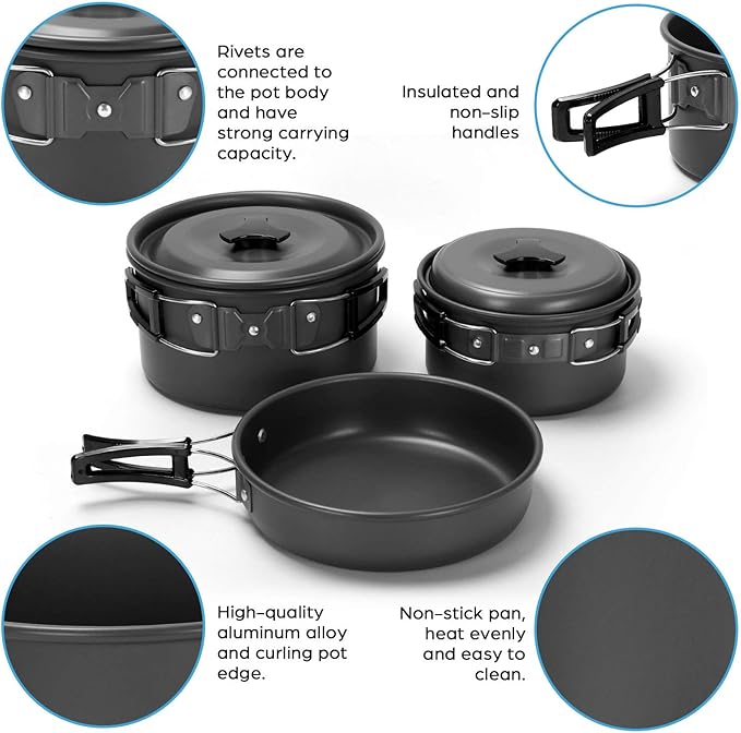 Odoland 16pcs Camping Cookware Mess Kit with Folding Camping Stove Non-Stick Lightweight Pots Pan Set with Stainless Steel Cups Plates Forks Knives Spoons for Camping Backpacking Outdoor Cooking
