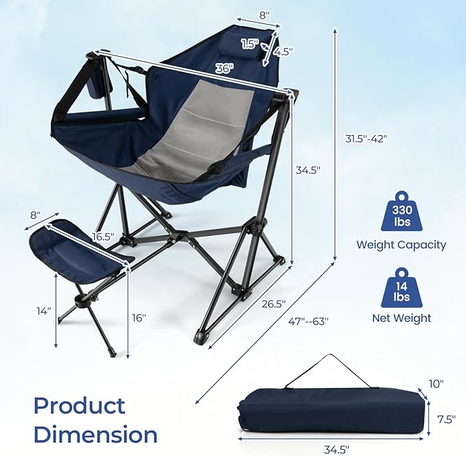 GYMAX Hammock Camping Chair Folding Camp Chair with Detachable Footrest Adjustable Backrest Pillow Cup Holder &amp Carry Bag Portable Rocking Camping Chairs for Beach Lawn Fishing (2 Navy)