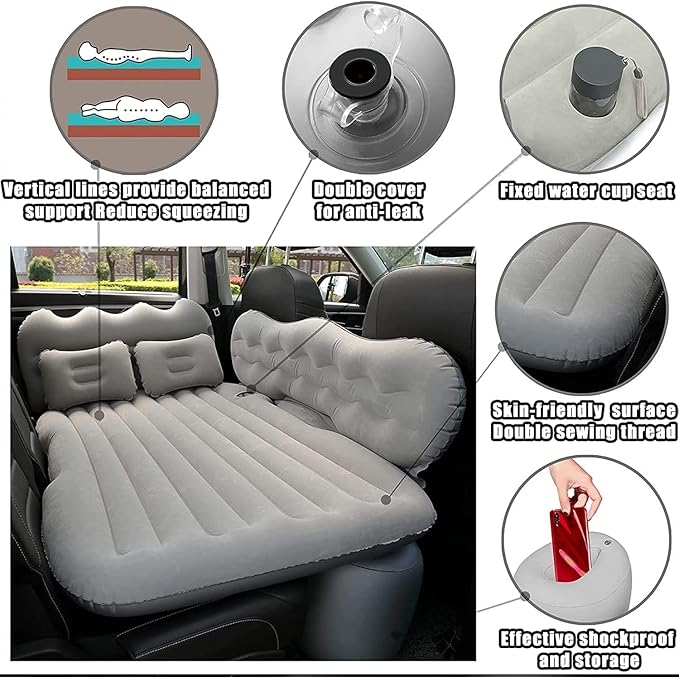 Car Air Mattress Back Seat Truck Inflatable Blow Up Bed with 2 Pillows and Electric Car Air Pump Portable Sleeping Pad for Travel Camping (Black)