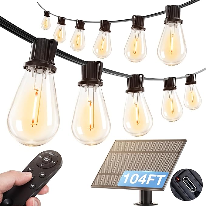 addlon 104FT(96FT+8) Solar String Lights Outdoor Waterproof with USB Port &amp Remote Control Solar Patio Lights for Outside Solar Powered with 52 LED Dimmable Bulbs for Porch Garden Deck Halloween
