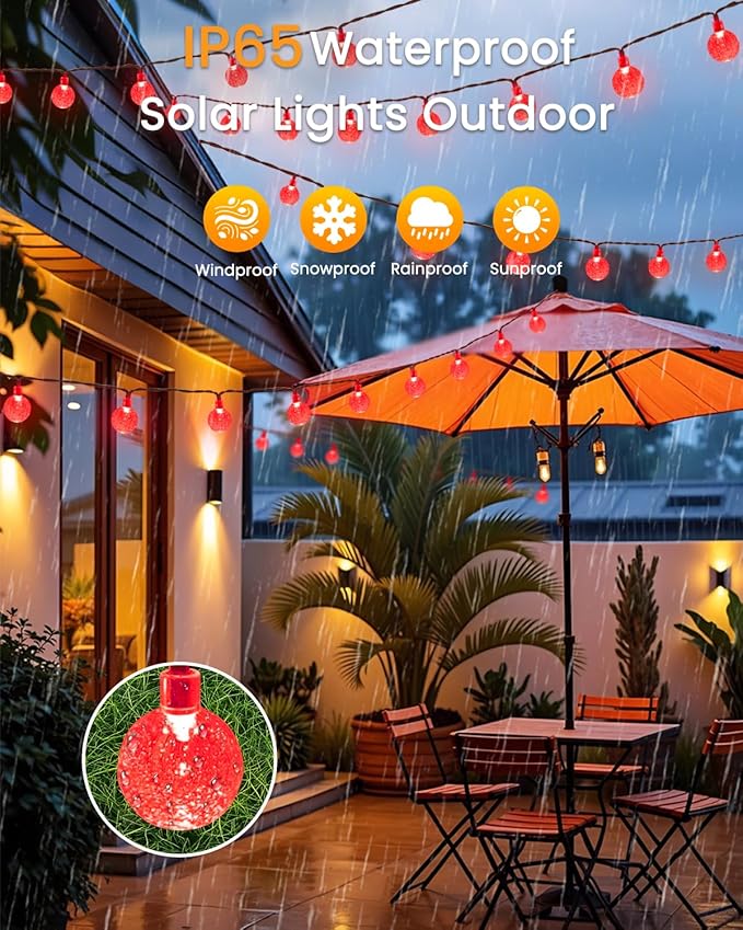 2-Pack 100 LED Red Solar String Lights Outdoor - 64FT Crystal Globe Waterproof Solar Powered Lights for Outside with 8 Lighting Modes for Patio Decorations Garden Party Porch Wedding Yard