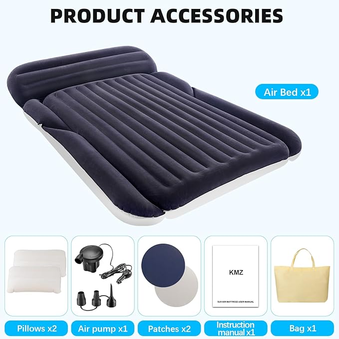 KMZ SUV Air Mattress with 2 Pillows – Thickened and Flocked Car Bed – Portable Travel Pad for Camping &amp Road Trips – Quick Inflate &amp Deflate with External Pump – Navy Blue+Light Gray