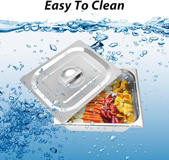 4 Packs Stainless Steel Hotel Pan 1/2 Size x 6 Deep 22 Gauge/0.7mm Thick Steam Table Pan with Lid