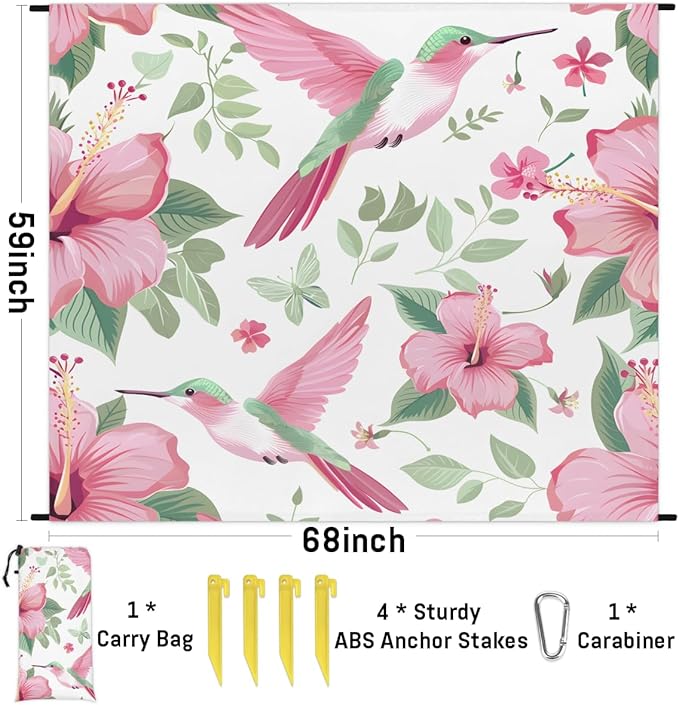 Waterproof Sandproof Beach Blanket 59''×68'' Pink-Hummingbird Polyester Outdoor Picnic Blanket with 4 Stakes &amp Storage Bag for BeachCampingVacation Pink